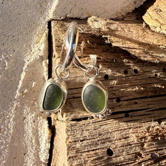 Olive Green Sea Glass Hoop Earrings
