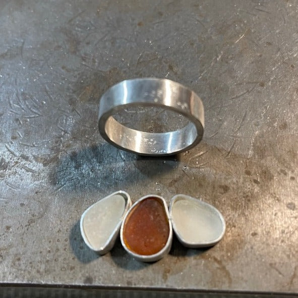 Tri White and Amber Sea Glass Ring Commission