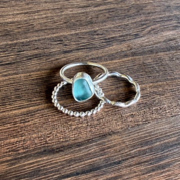 Teal Blue Sea Glass Stacking Rings - Size 3.5