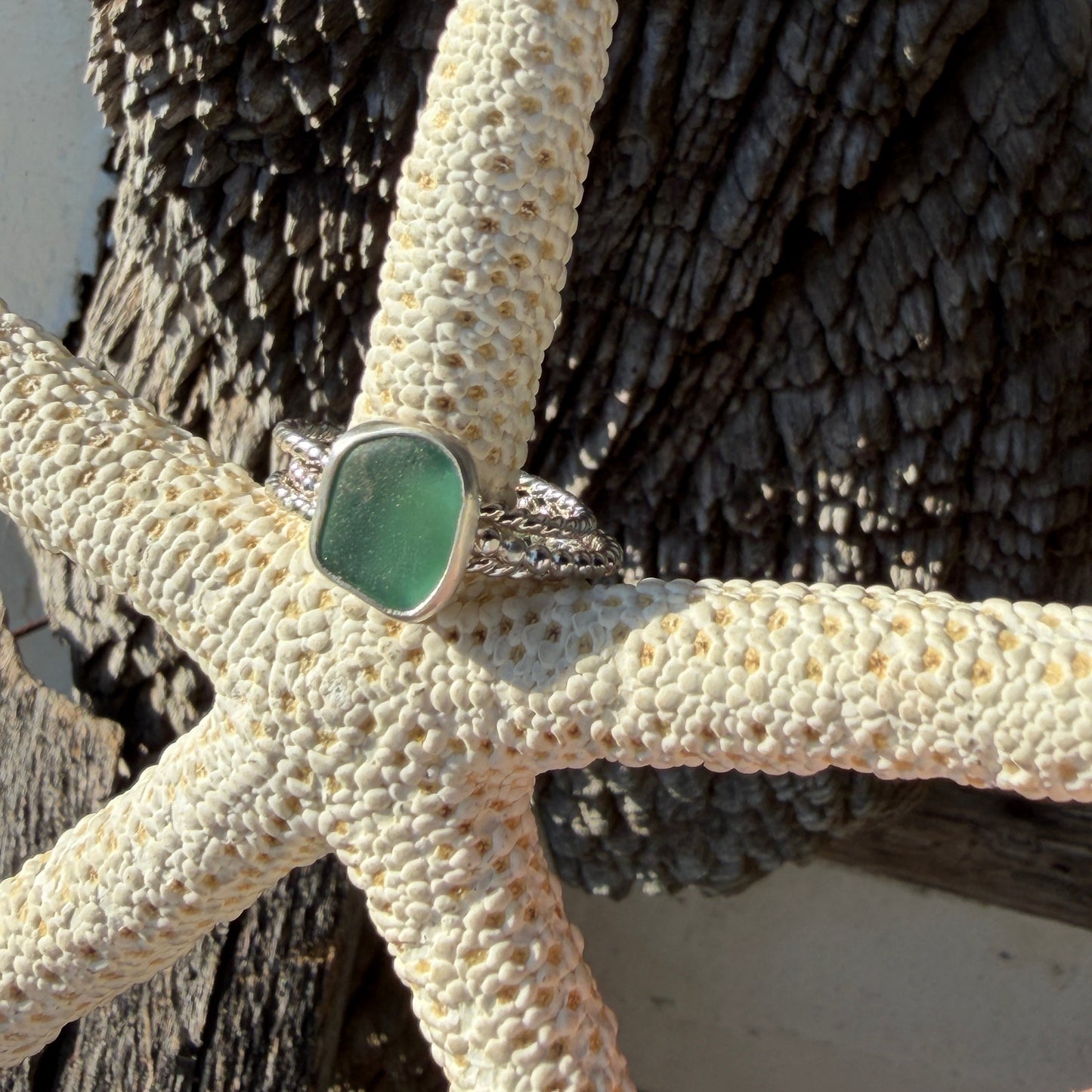 Teal Green Sea Glass Stacking Rings - SIZE 10.25