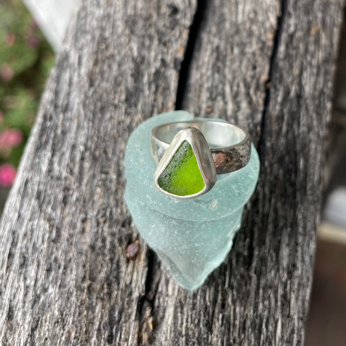 Lime Green Hammered Sea Glass Ring - Size 7.5