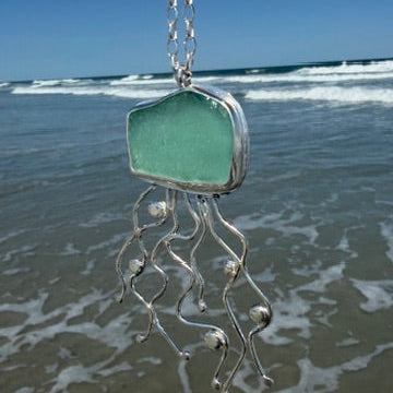 Light Aquamarine Sea Glass Jellyfish Pendant