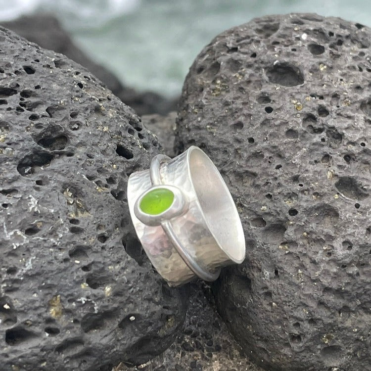 Lime Green Sea Glass Spinner Ring - size 9