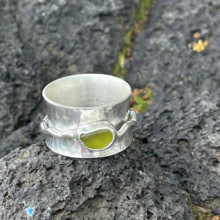 Olive Yellow Sea Glass Spinner Ring - size 7.25