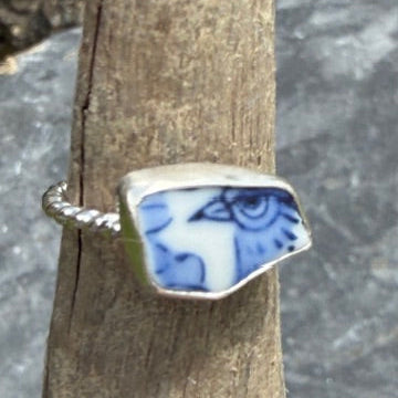 Blue Bird Sea Pottery Ring - Size 7