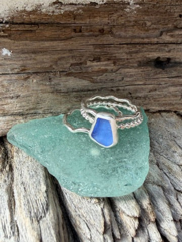 Cornflower Blue Sea Glass Stacking Rings -  Size 7