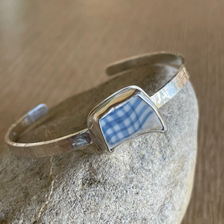 Breezy Blue Plaid Sea Pottery Cuff Bracelet