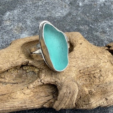 Teal Blue Sea Glass Double Shank Ring - Size 9.5
