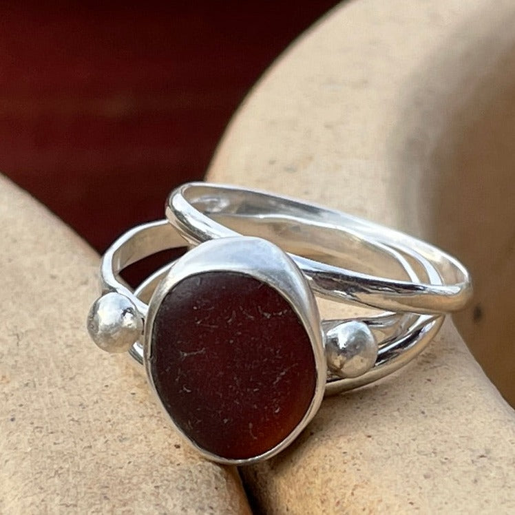 Amber Sea Glass Stacking Rings - Size 9