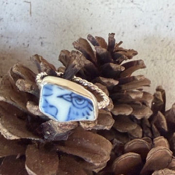 Blue Bird Sea Pottery Ring - Size 7