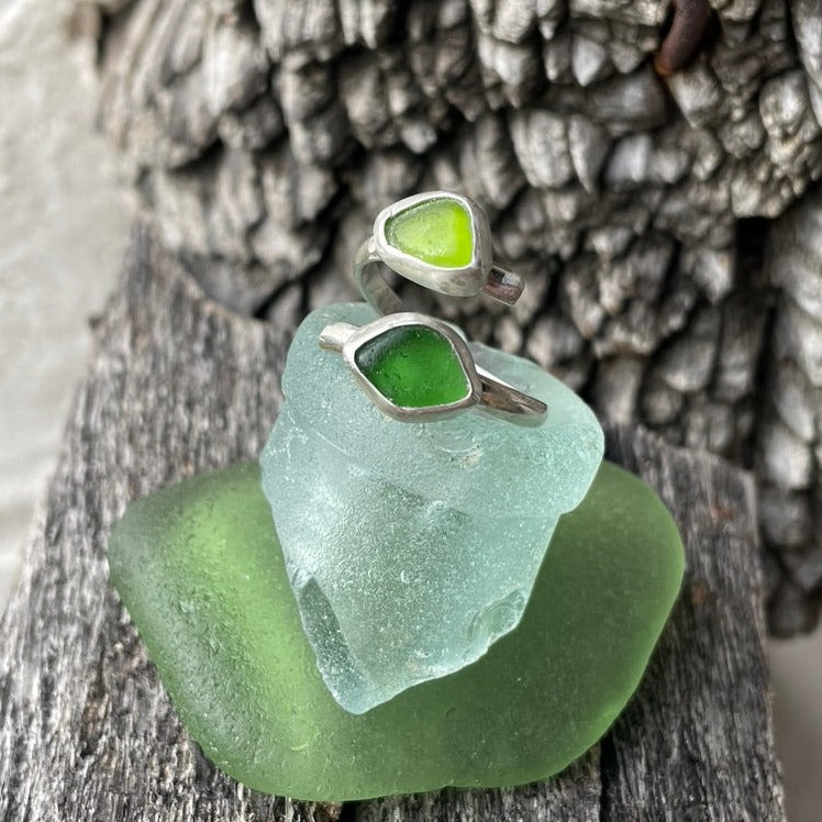 Double Light Sage Green & Lime Green Sea Glass Adjustable Ring