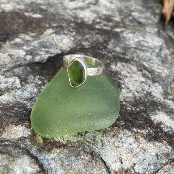 Forest Green Sea Glass Ring - Size 8