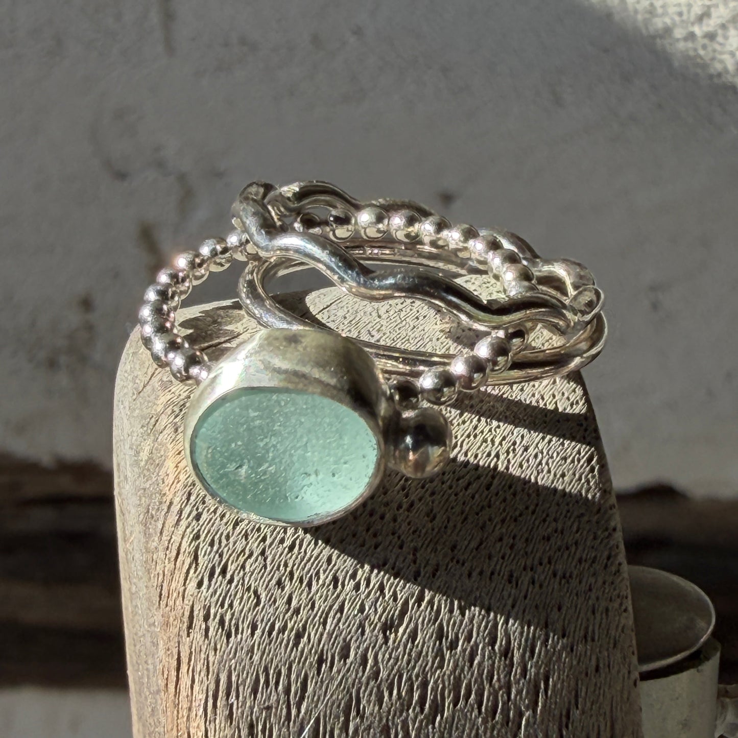 Sea Foam Blue Sea Glass Stacking Rings - Size 6.75