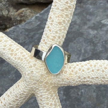 Aqua Blue Sea Glass Ring - Size 8.5