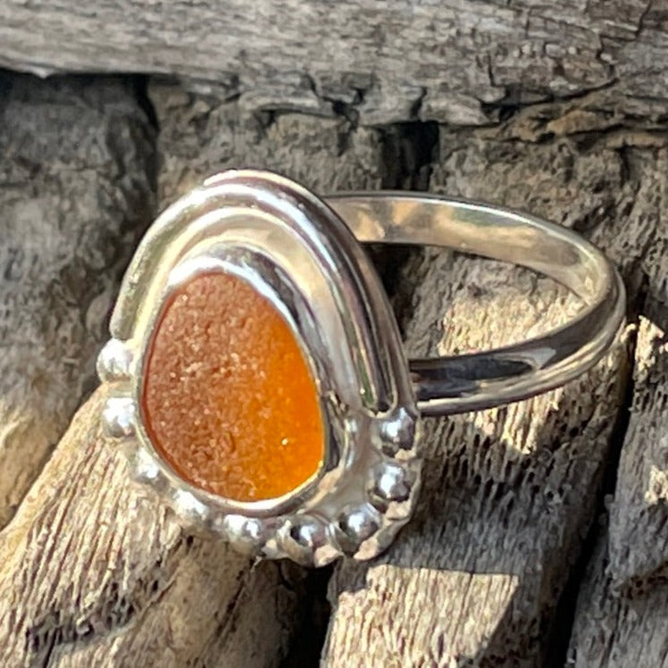 Amber Beaded Sea Glass Ring - Size 9.5