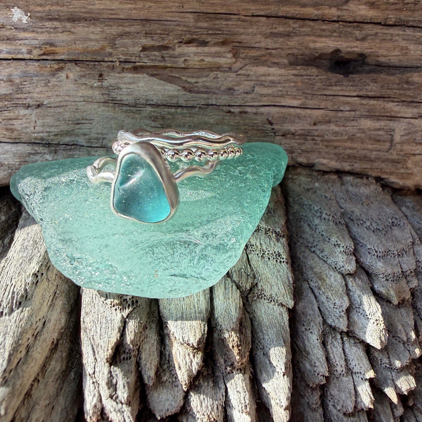 Teal Blue Green Sea Glass Stacking Rings - Size 6