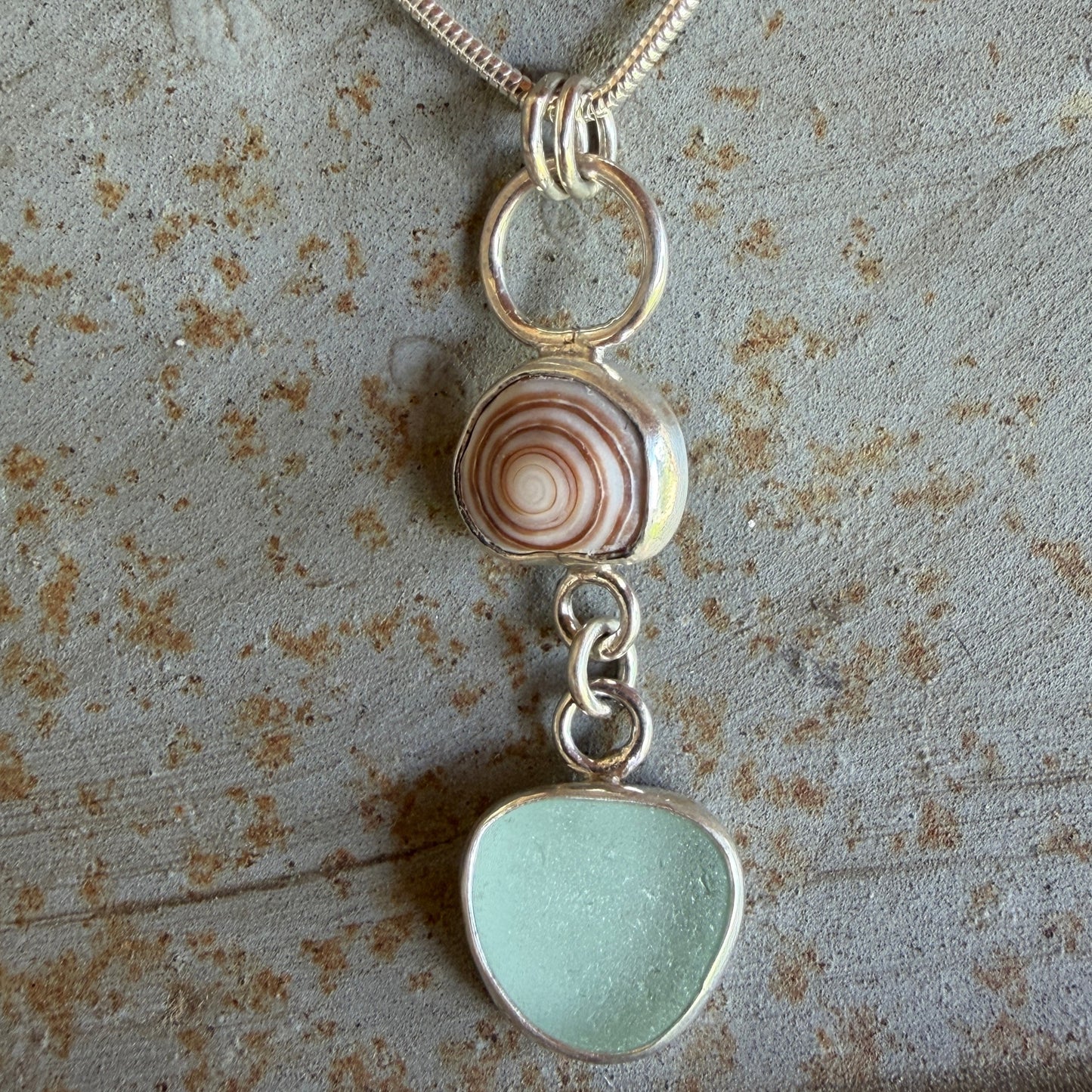 Shell top and Sea Foam Green Sea Glass Dangle Pendant