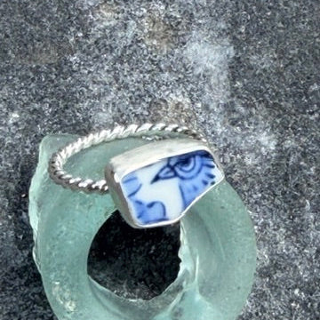 Blue Bird Sea Pottery Ring - Size 7