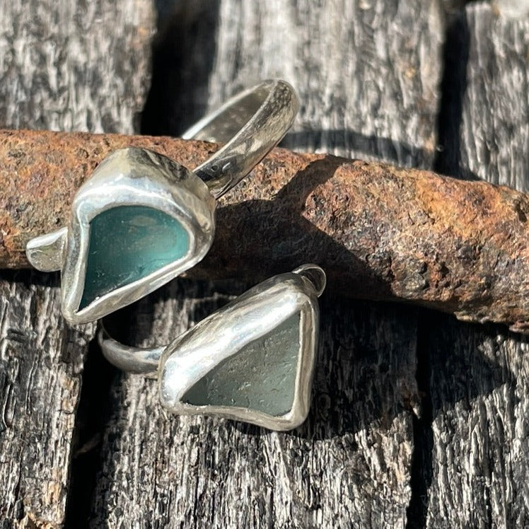 Double Teal Blue & Sea Foam Blue Sea Glass Adjustable Ring