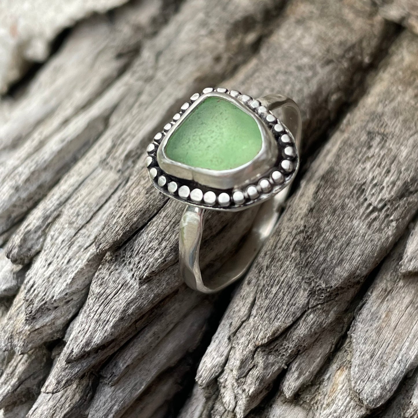 Light Sea Green Beaded Sea Glass Ring - size 9