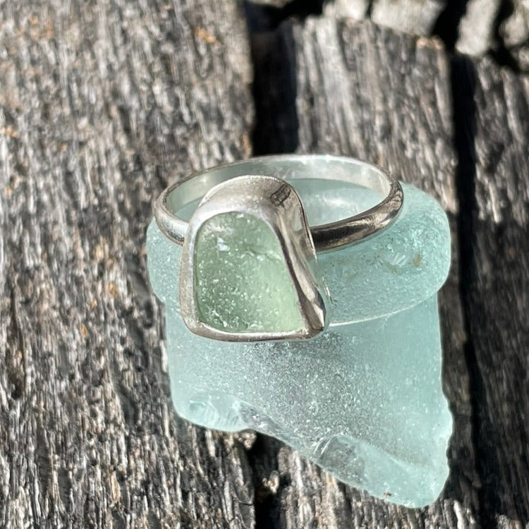 Chunky Sea Foam Green Sea Glass Ring - Size 10