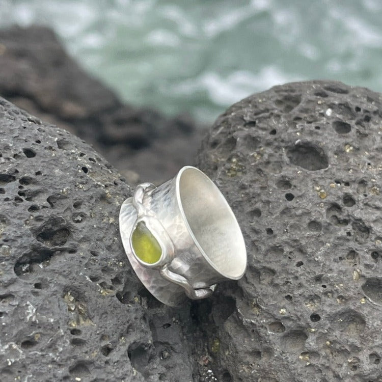 Olive Yellow Sea Glass Spinner Ring - size 7.25