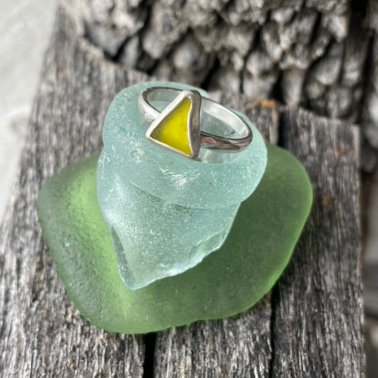 Bright Yellow Sea Glass Ring - size 7.25