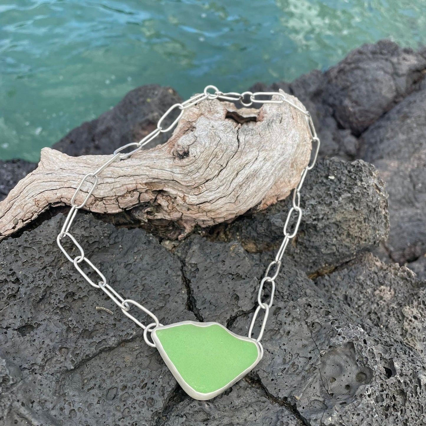 Sea Green Sea Glass Pendant with Hand Made Paperclip Chain