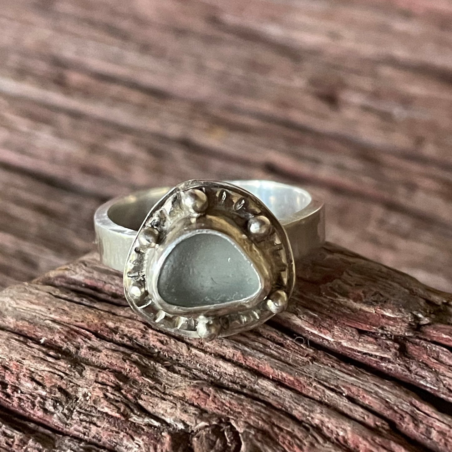 Rustic Beaded Light Sea Foam Green Sea Glass Ring - Size 8.5