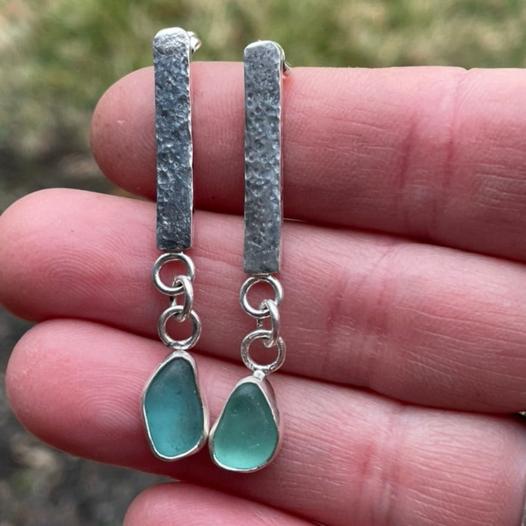 Teal Blue Sea Glass Dangle Bar Earrings