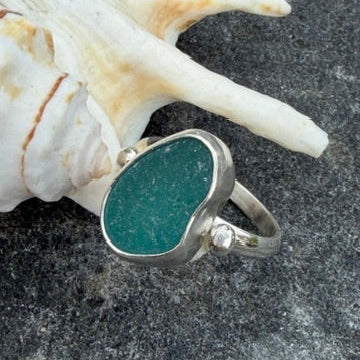 Teal Blue Sea Glass Ring - Size 8.25