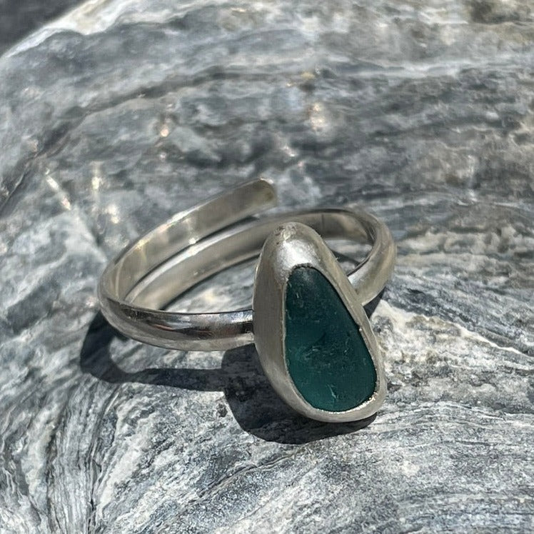 Teal Blue Adjustable Sea Glass Ring