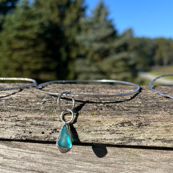 Aquamarine Sea Glass Dangle Bangle - Extra Small