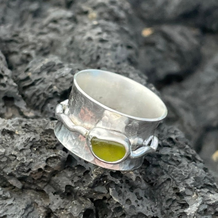 Olive Yellow Sea Glass Spinner Ring - size 7.25