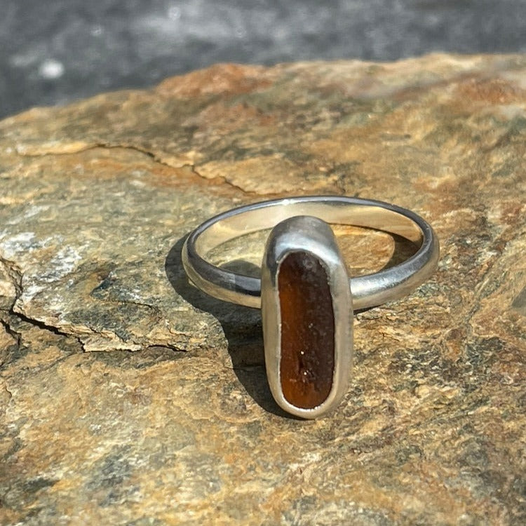 Dark Amber Sea Glass Ring - Size 8