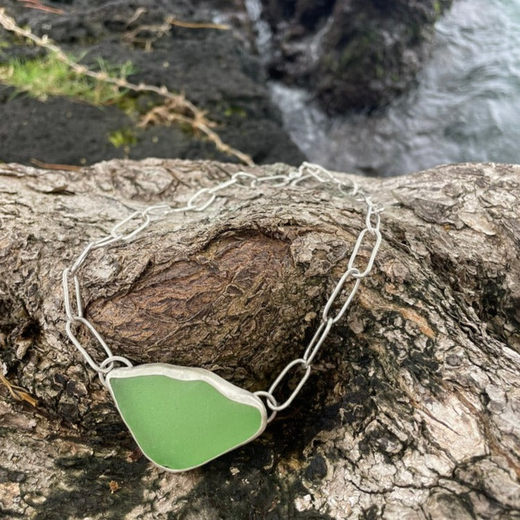 Sea Green Sea Glass Pendant with Hand Made Paperclip Chain