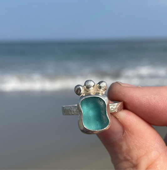 Teal Blue Sea Glass Ring - Size 8.75