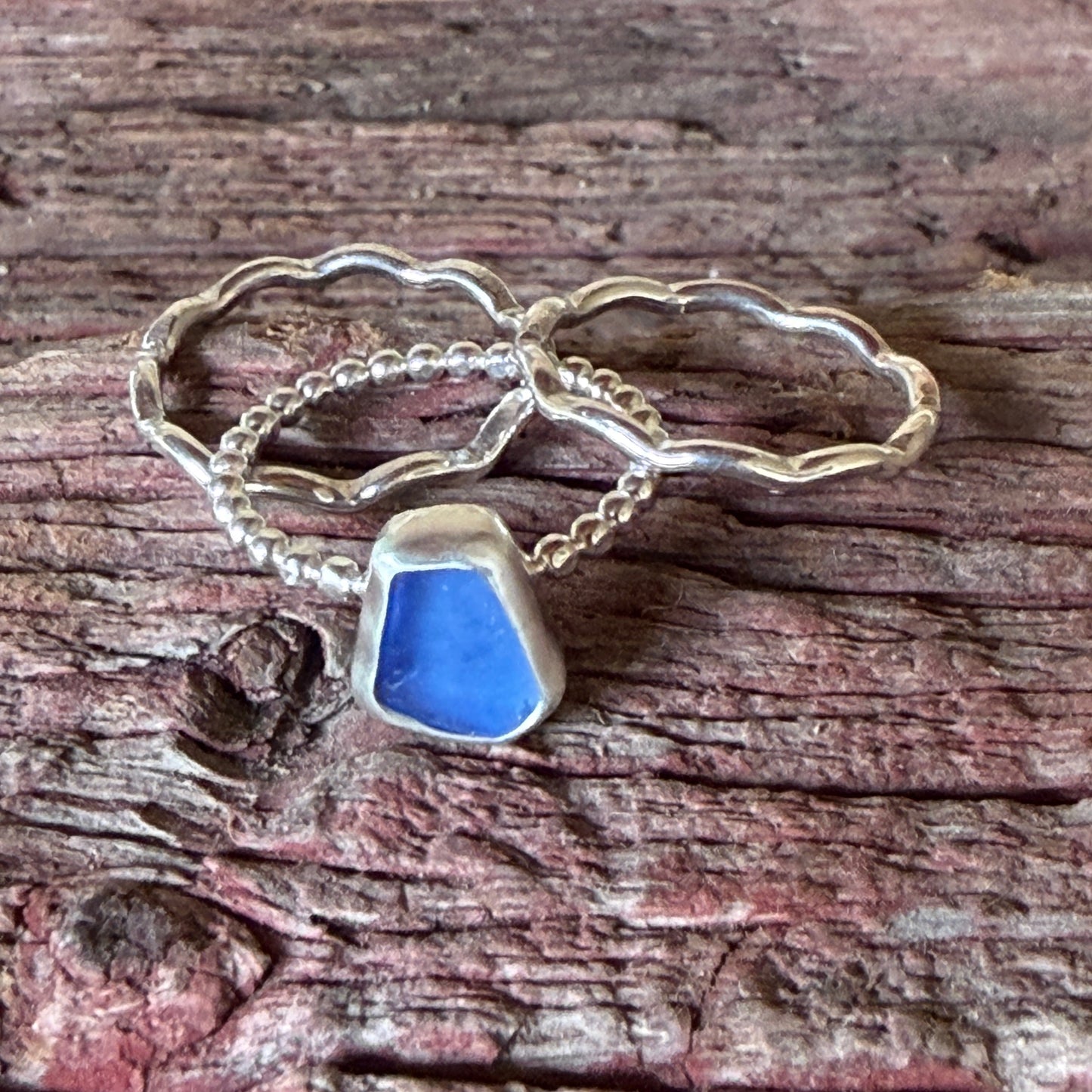 Cornflower Blue Sea Glass Stacking Rings -  Size 7
