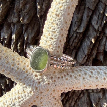 Olive Green Sea Glass Stacking Rings - Size 10