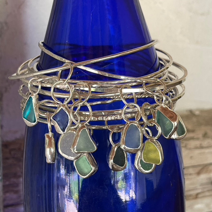 Aquamarine Sea Glass Dangle Bangle - Extra Small