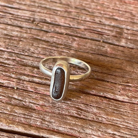 Dark Amber Sea Glass Ring - Size 8