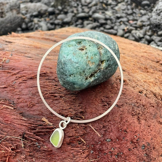 Moss Green Sea Glass Dangle Bangle - Size Medium