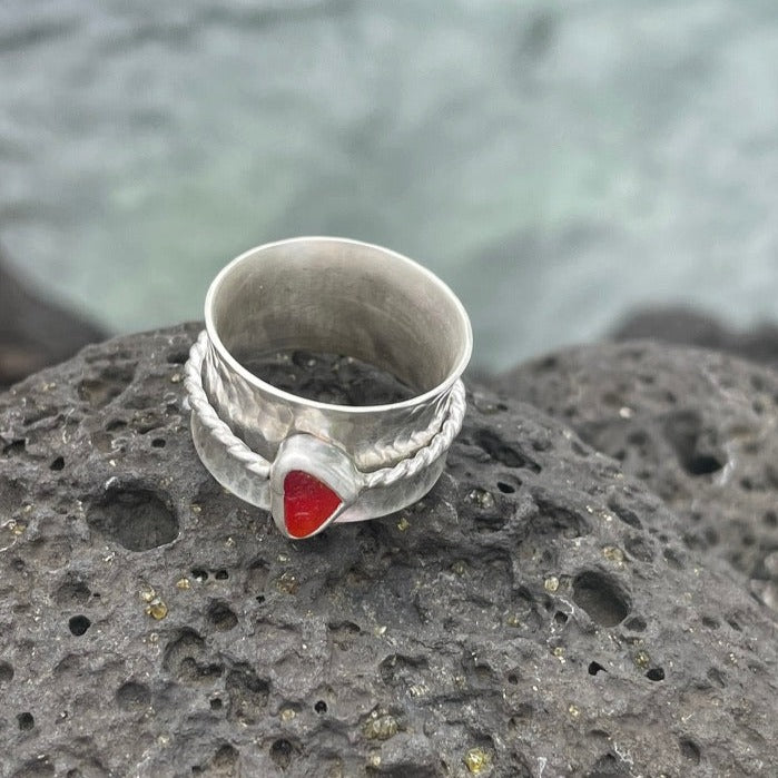 Red Sea Glass Spinner Ring - size 8.25