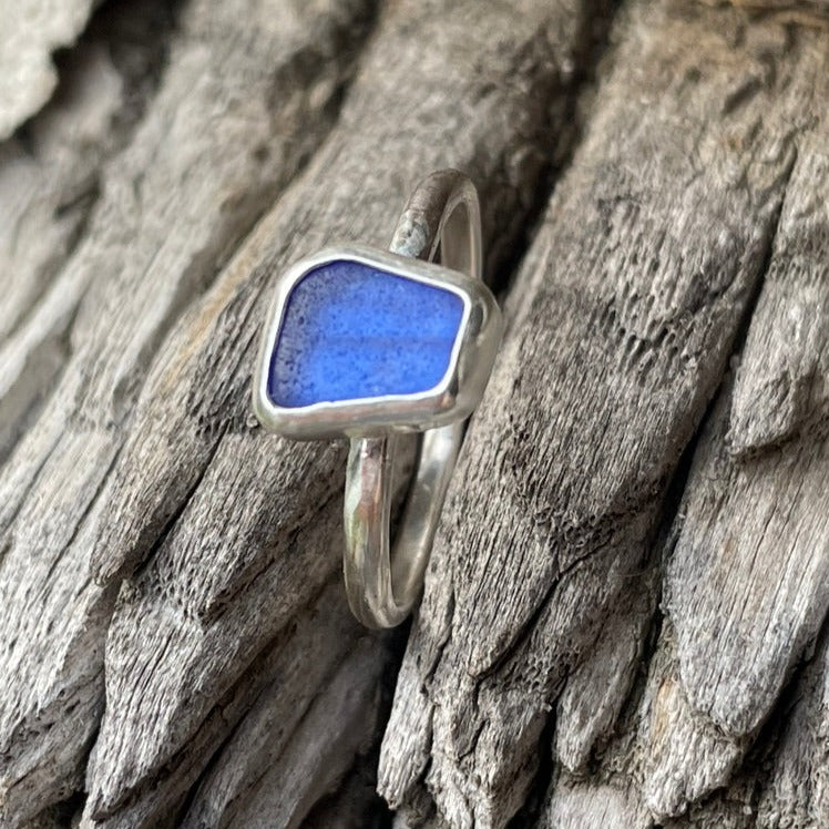 Cobalt Blue Sea Glass Ring - size 7.75