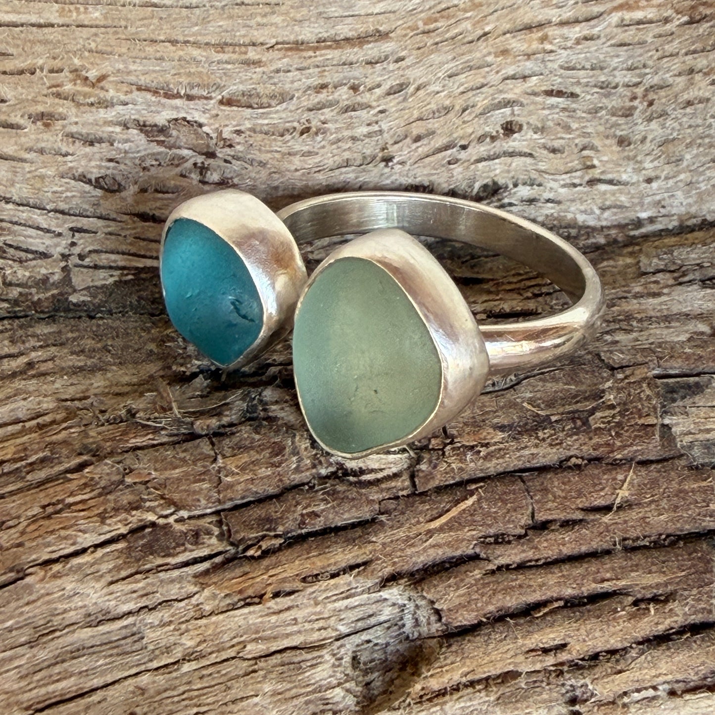 Aquamarine Sea Glass and Sea Foam Green Sea Glass Adjustable Ring -Size 8.25