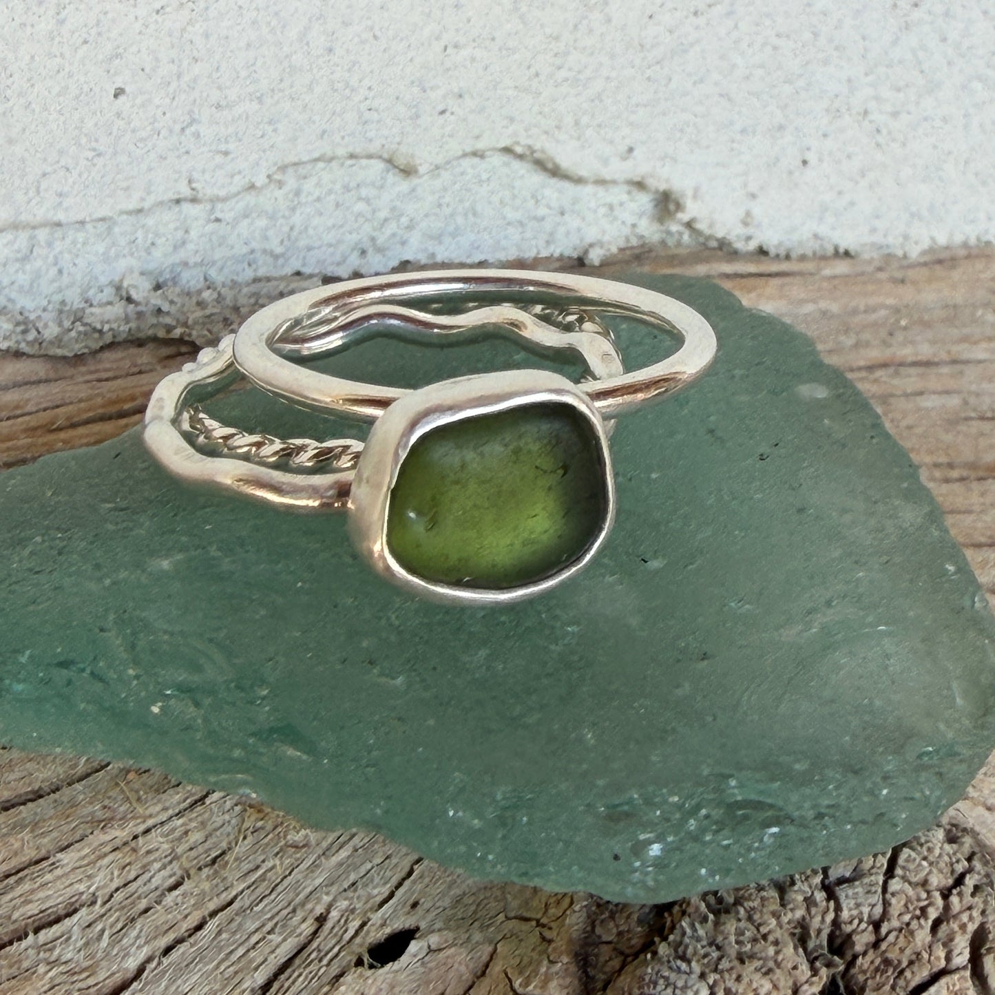 Moss Green Sea Glass Stacking Rings Size 7.25