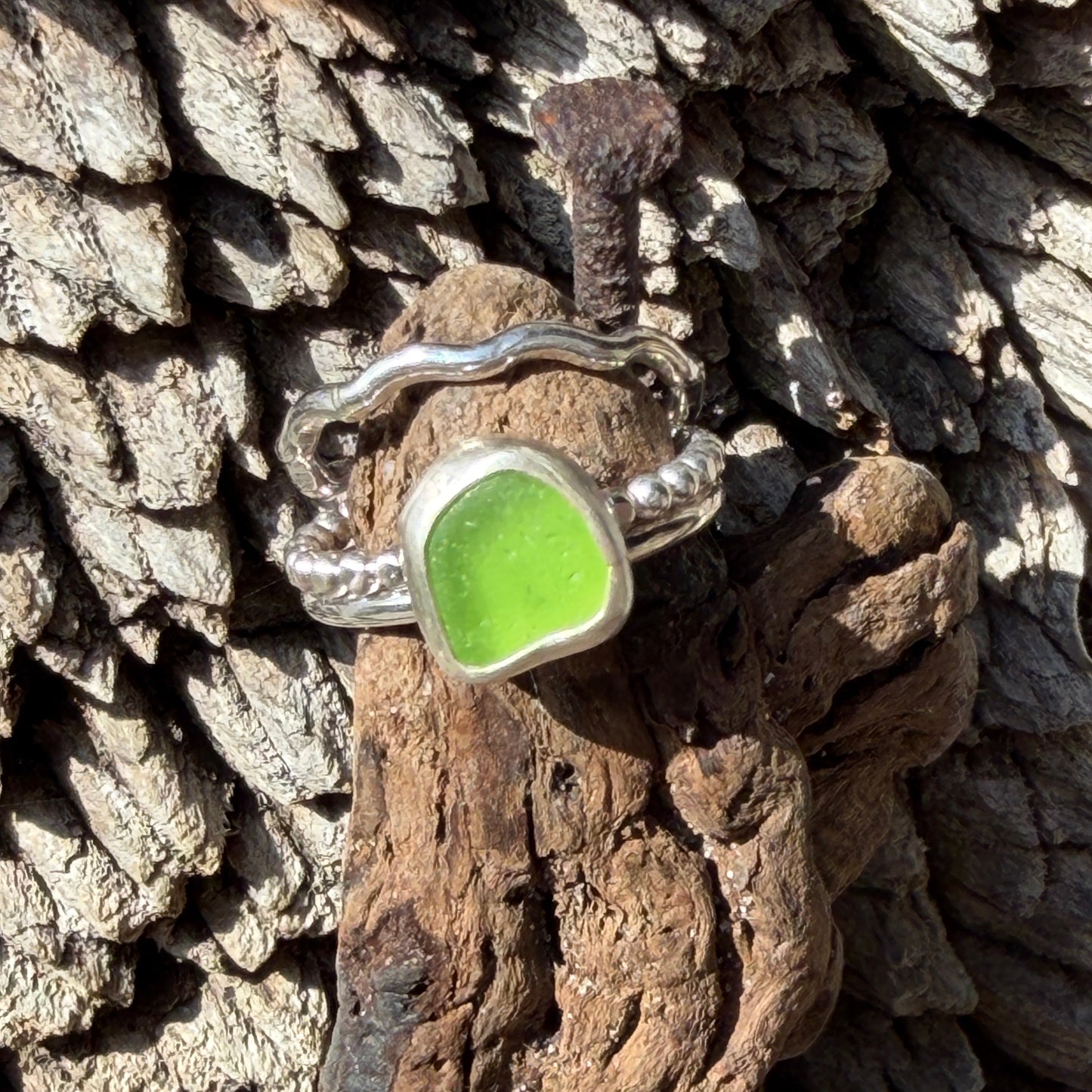 Lime Green Sea Glass Stacking Rings - Size 5