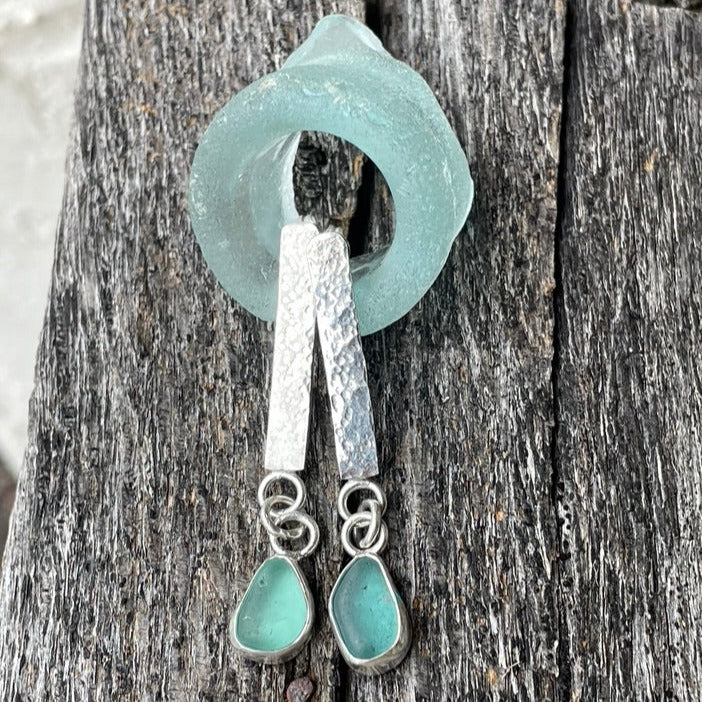 Teal Blue Sea Glass Dangle Bar Earrings