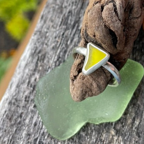 Bright Yellow Sea Glass Ring - size 7.25