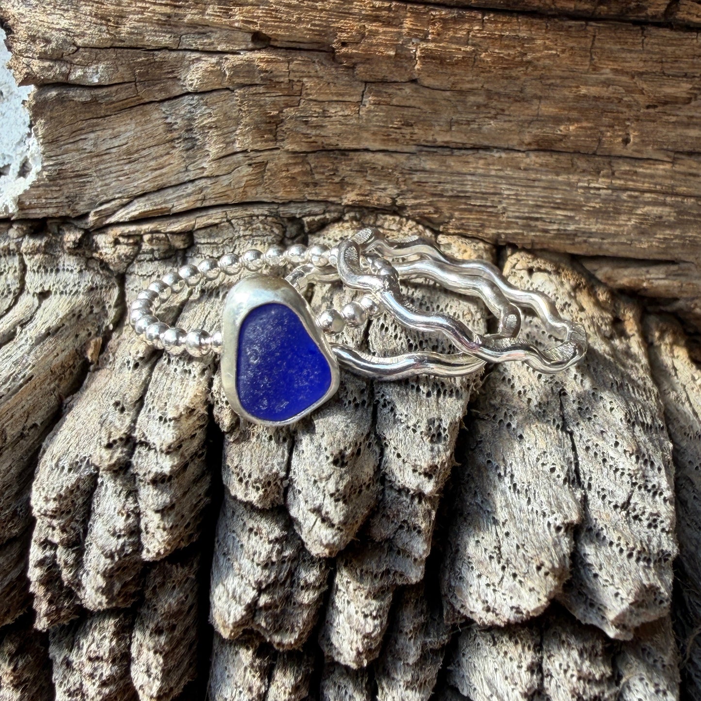 Cobalt Sea Glass Stacking Rings- Size 5.75